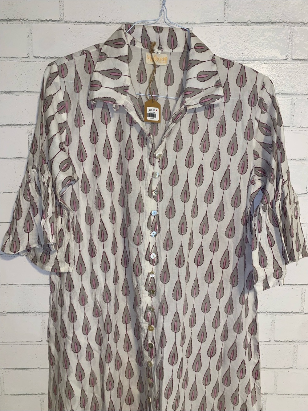 New! Marigold $95 Block Print Cotton Button Front Ruffle Sleeve Maxi Dress LG